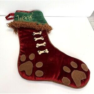 Dog Stocking Woof Christmas Red Santa Velvet Paw Prints 18" Bones Christmas
